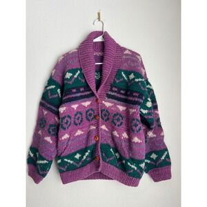 Vintage Chunky Knit Purple Green Geometric Button Up Sweater